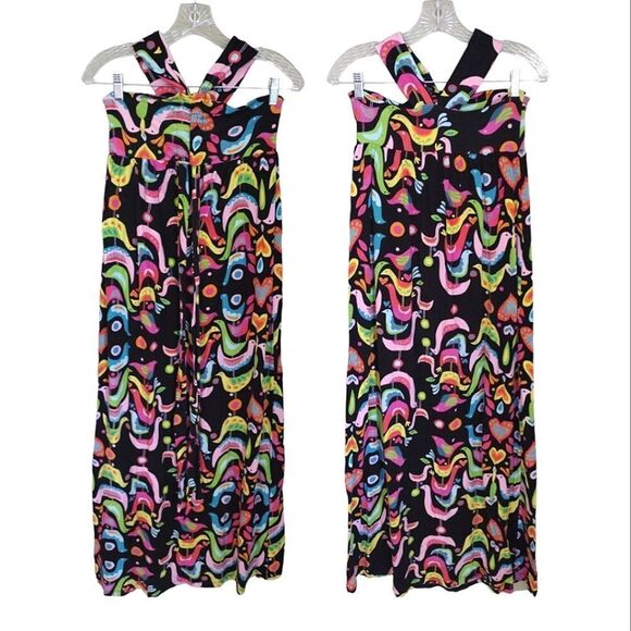 VTG 90s Black Colorful Birds Folk Art Print Sleeveless Halter Maxi Dress Small - Picture 6 of 17